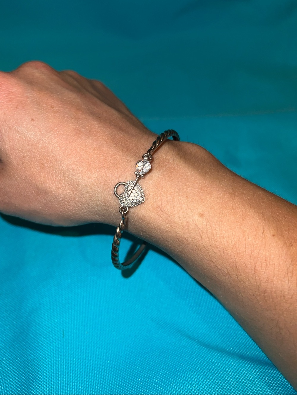 BS 925 Sterling Silver Pavé Heart Padlock w/ Key Bracelet with Clasp